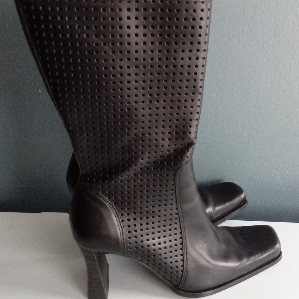 Black Leather Perforated Mid-Calf Boots Square Toe Side Zip Block Heel Mens